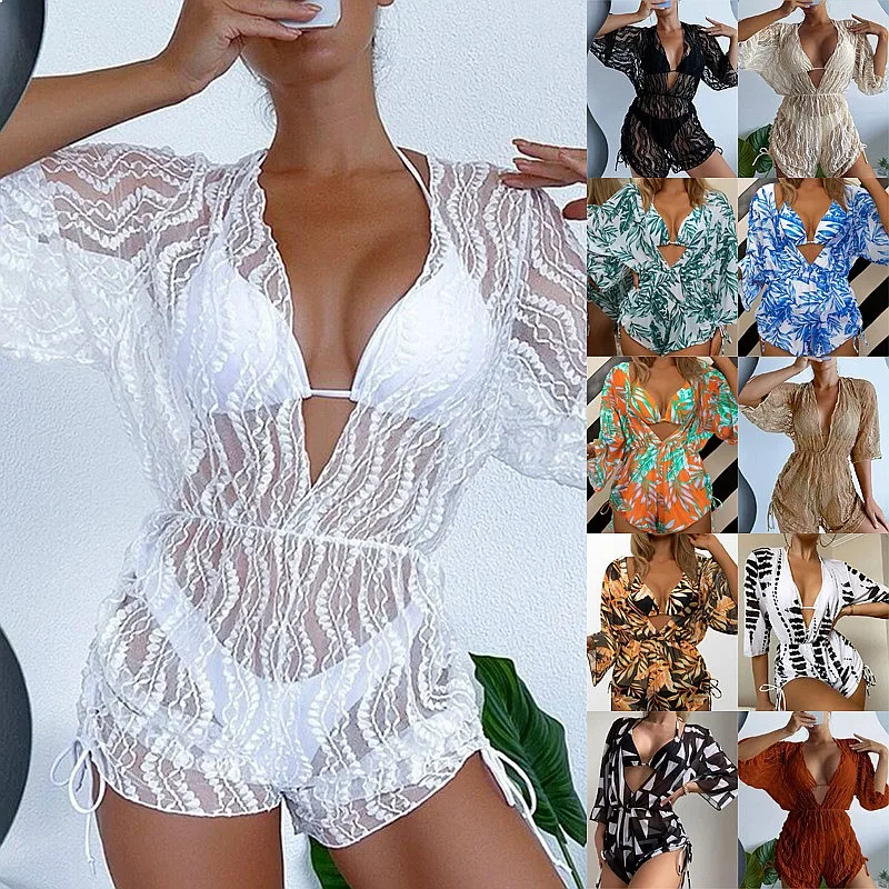 

2026 Long Sleeve Mesh One Piece Swimsuit High Waist Print Drawstring Bikini Set Fashion Swimwear for Women Summer Beach Wear