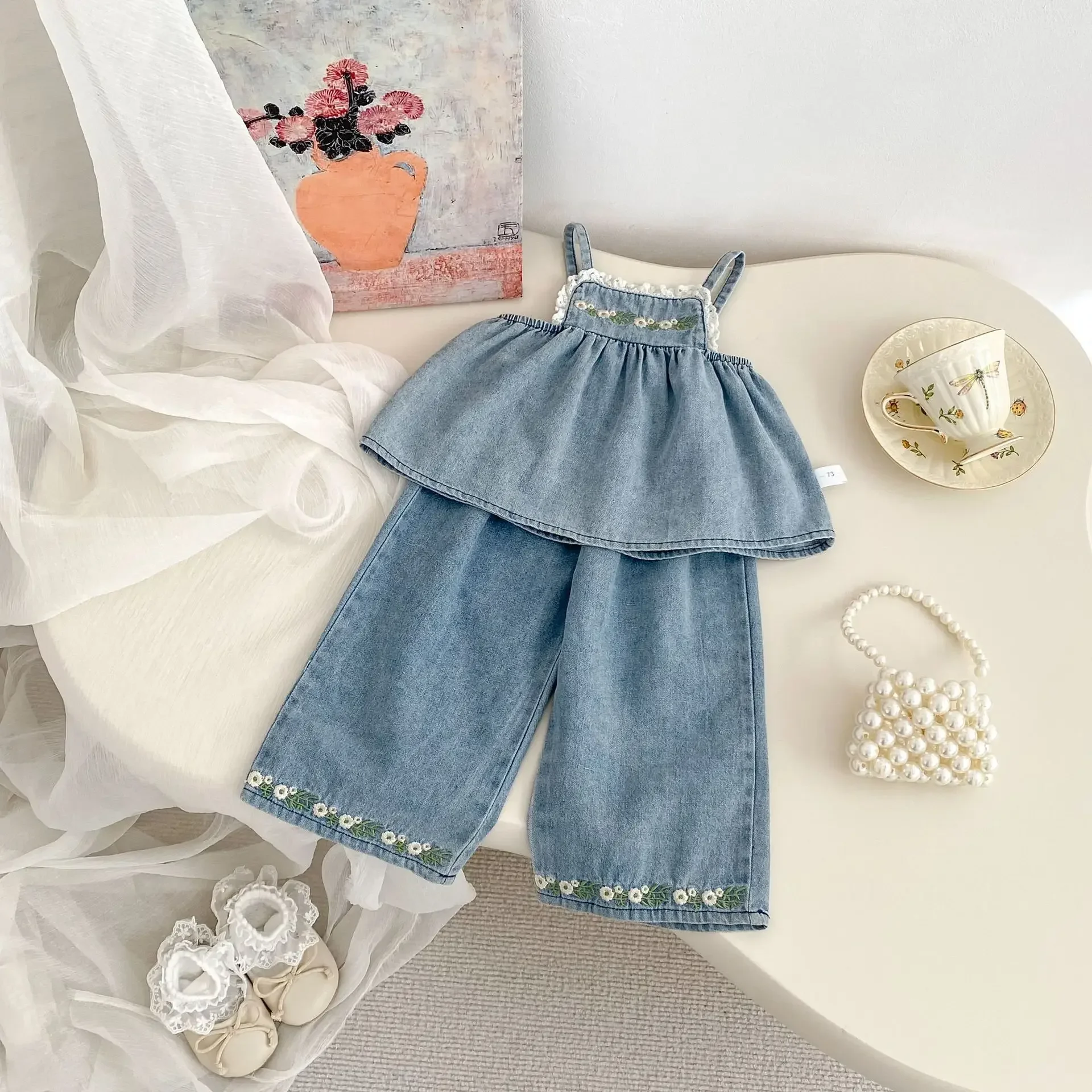 Ins2025 Summer Girls' Cowboy Set with Western Style Flower Embroidery Strap Top and Straight Wide Leg Pants Two Piece Set