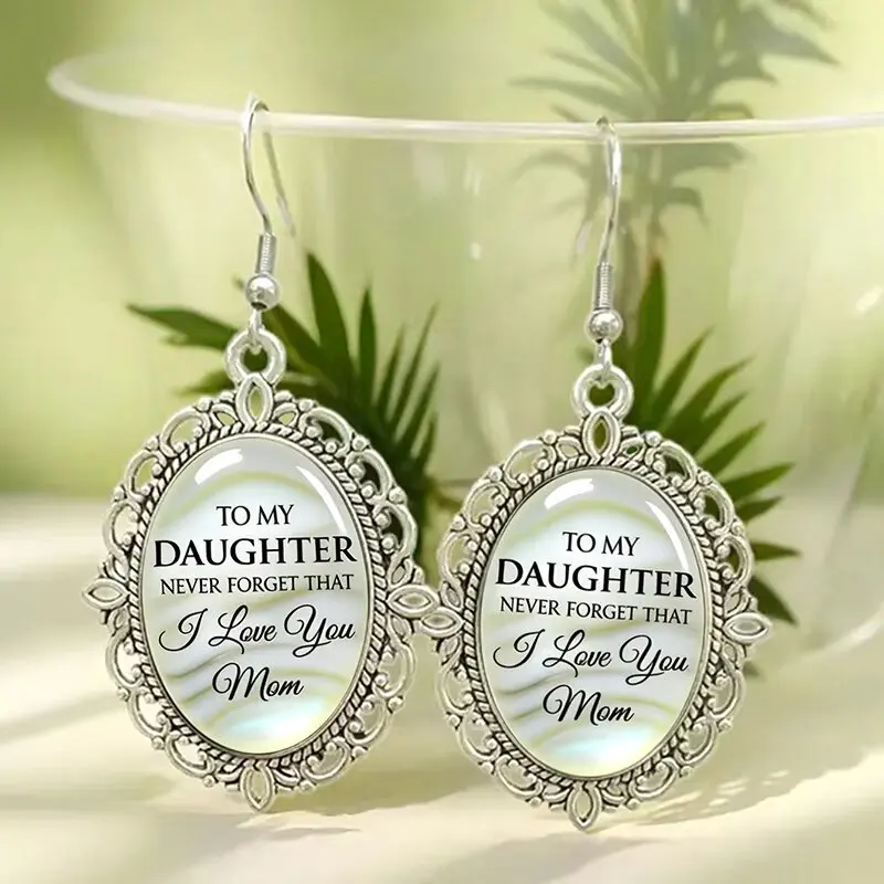 Vintage Mother Daughter Message Glass Drop Earrings Silver Plated Oval Jewelry For Women Girls Birthday Christmas Gifts Keepsake