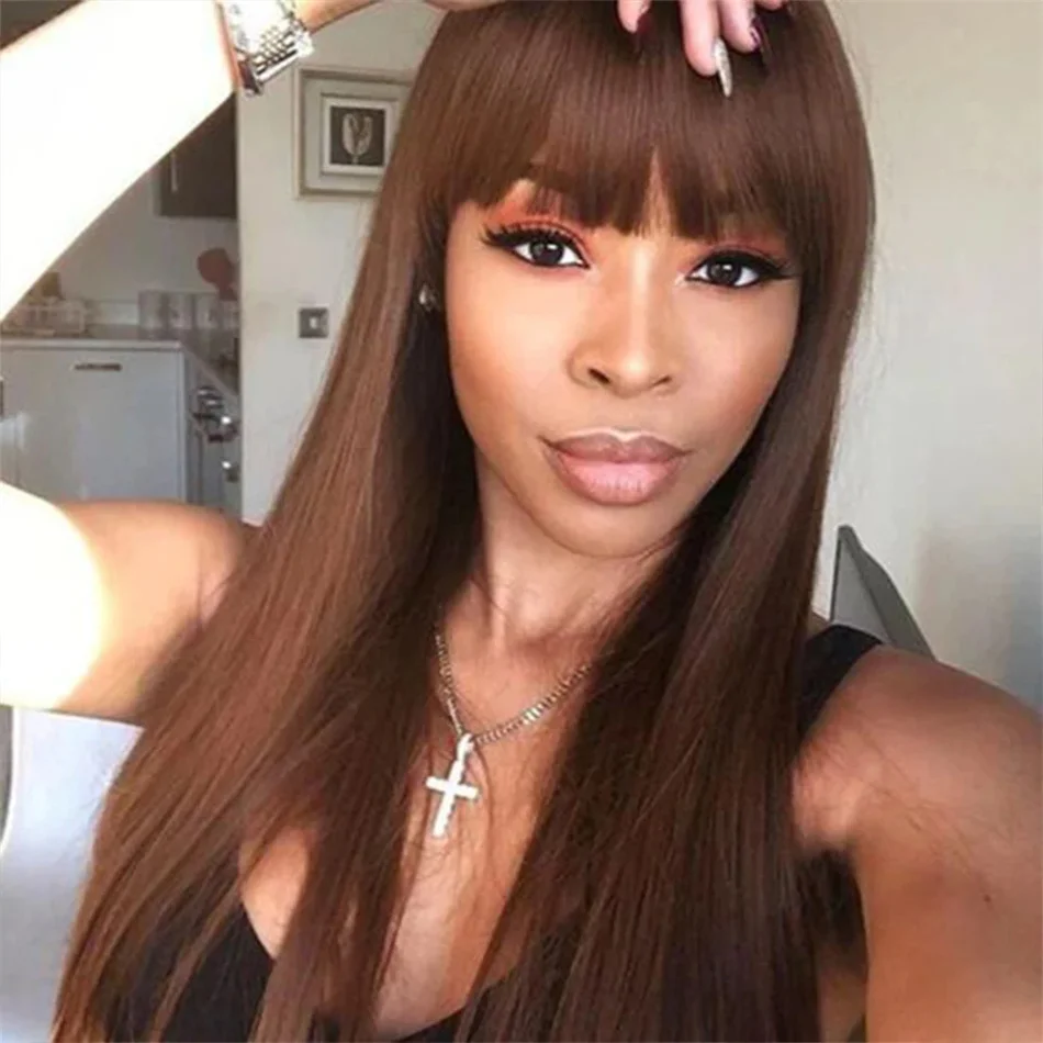 

Clearance Sale Color Wig #4 Chocolate Brown Straight Human Hair Wigs with Bangs,Affordable Layer Cut Straight Glueless DarkBrown