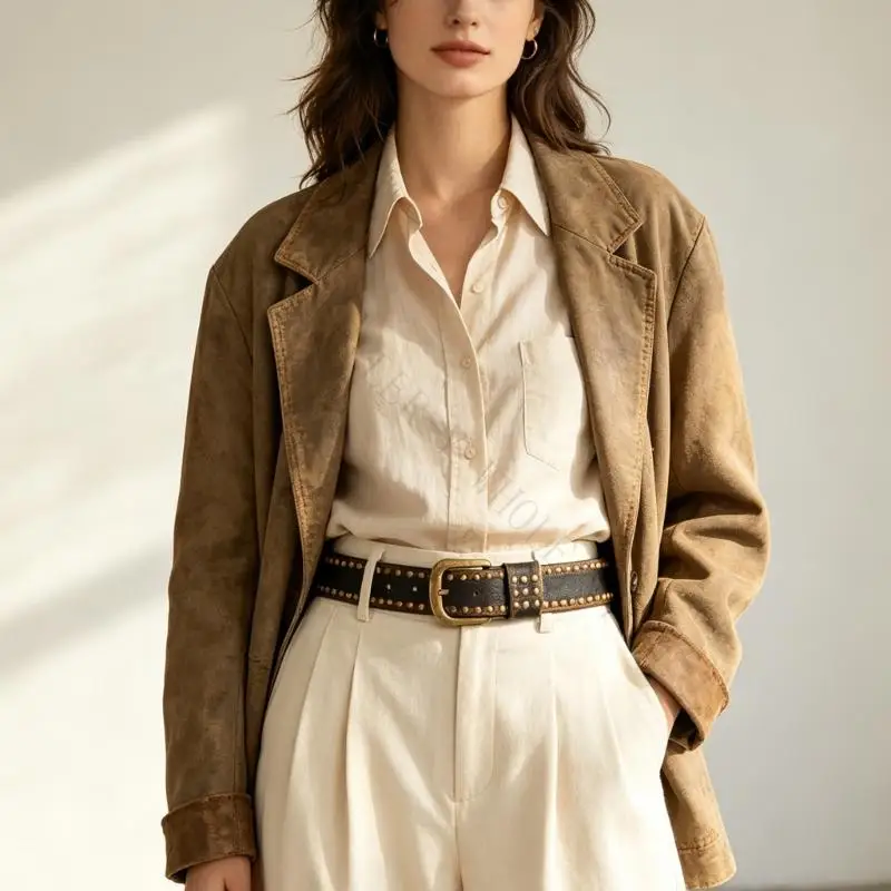 R7UF Outfit Accent Belt with Faux Leather Look Strap, Round Metal Trim, and Adjustable Pin Closure for Jeans, Skirts, Casual