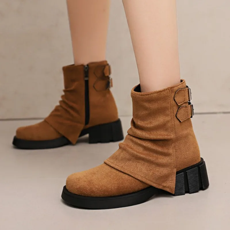 

2026 Side Zipper Thick Heel Plush Lining Autumn New Short Boots Double Row Belt Buckle Thick Sole Ankle Boots