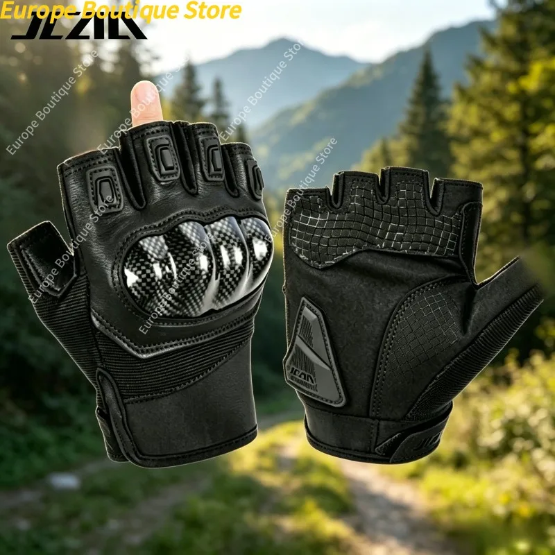 

Genuine Leather Carbon Fiber Shell Summer Half Finger Motorcycle Gloves Breathable Anti Fall Riding Gear For Men