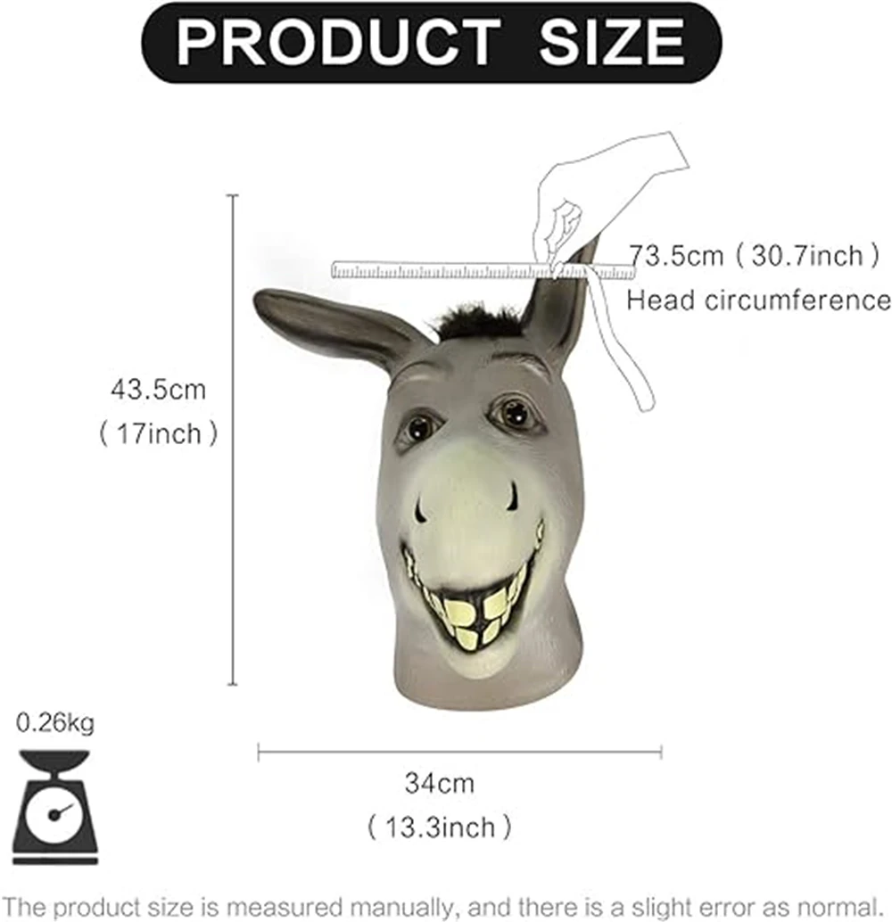 Shrek Donkey Mask for Adult, Halloween Novelty Deluxe Costume, Party Cosplay, Latex Animal Head, Adult