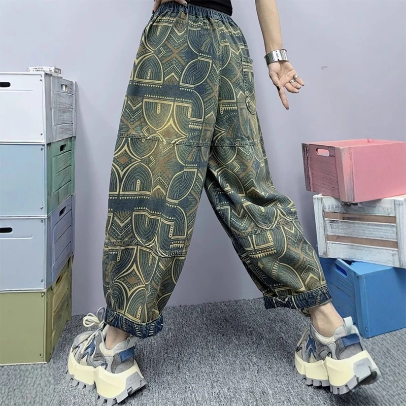 Masss Wasss Printed Ladies Spring 2025 Punk Denim Pants Luxury Fashion Elegant Casual Jeans Loose Vintage Classic Harem Trousers