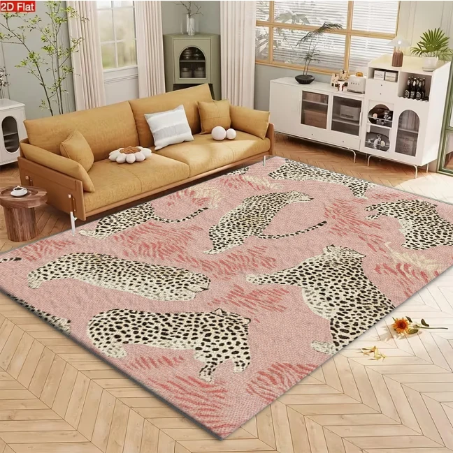 Pink Background Leopard Print Jungle Style Carpet Flooring Square Area Rug Home Living Room Bedroom Decor Floor Mat