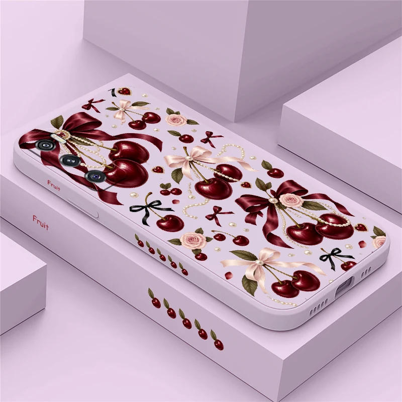 Funda con diseño de lazo rosa y cerezas rojas para Vivo V70 FE, V60, V50 Lite, V40, V30, V20 SE, V27 Pro, V29, V25E, V19 Neo. Cubierta de TPU flexible y resistente a los golpes.