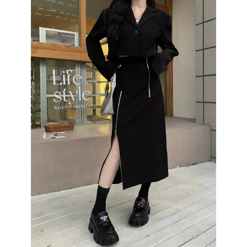 Insozkdg Suit Dress Women Autumn Vintage Casual Blazer Suit Slip Dress Set Black Blazer Jacket Dress Two-Piece Set Outifit Women