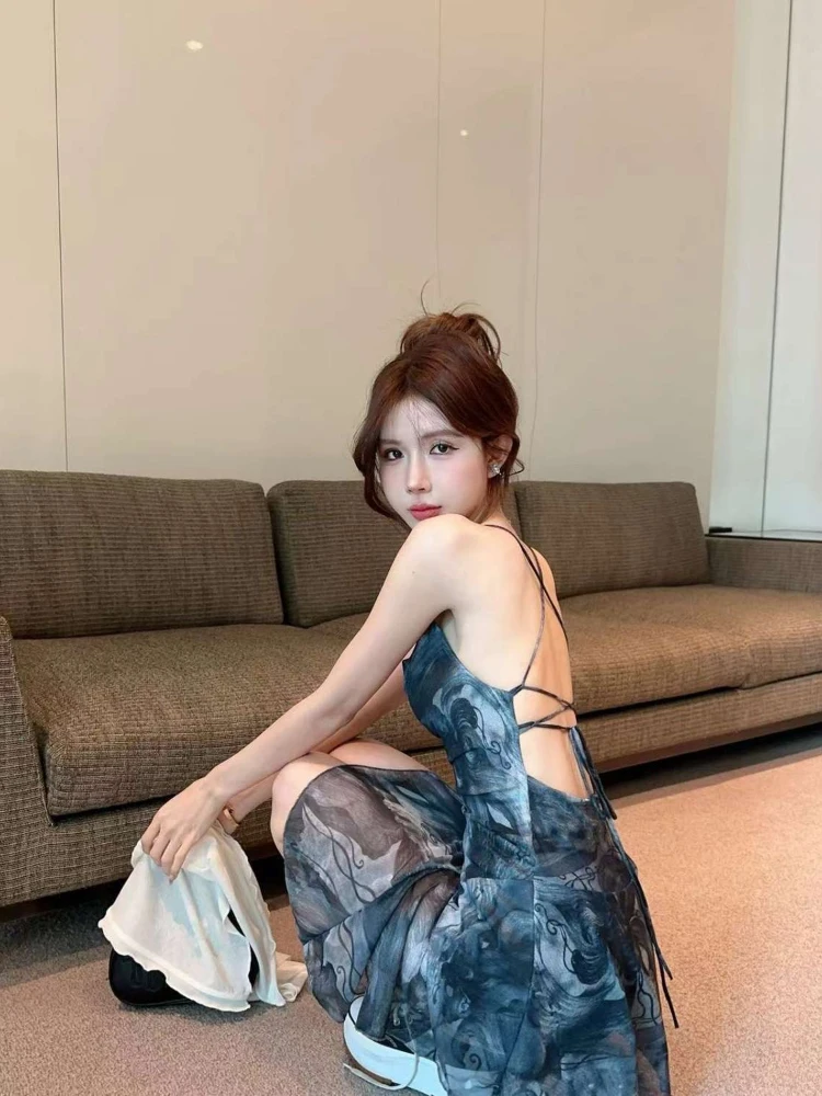 American Vintage Sexy V Neck Strap Dress Print Floral 2000s Y2k Evening Party Clothing Subculture One Piece Dress Korean Chic