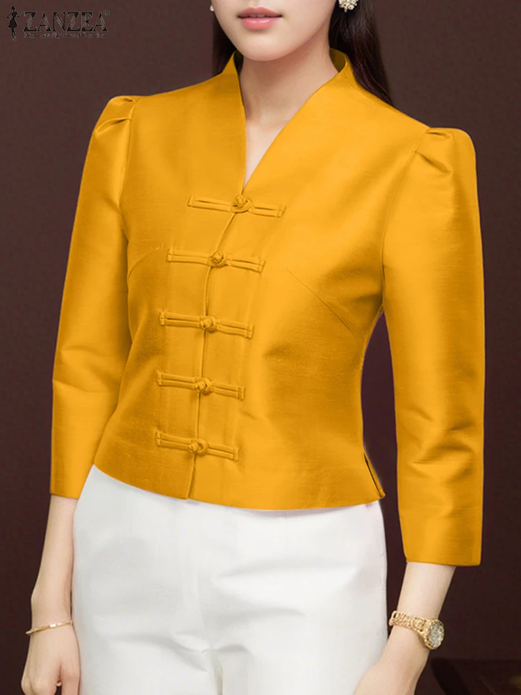 

ZANZEA Elegant Satin Shirts Women Autumn Puff Sleeve Blouse 2025 Fashion V-Neck Button Up Solid Tunic Tops Casual Party Blusas
