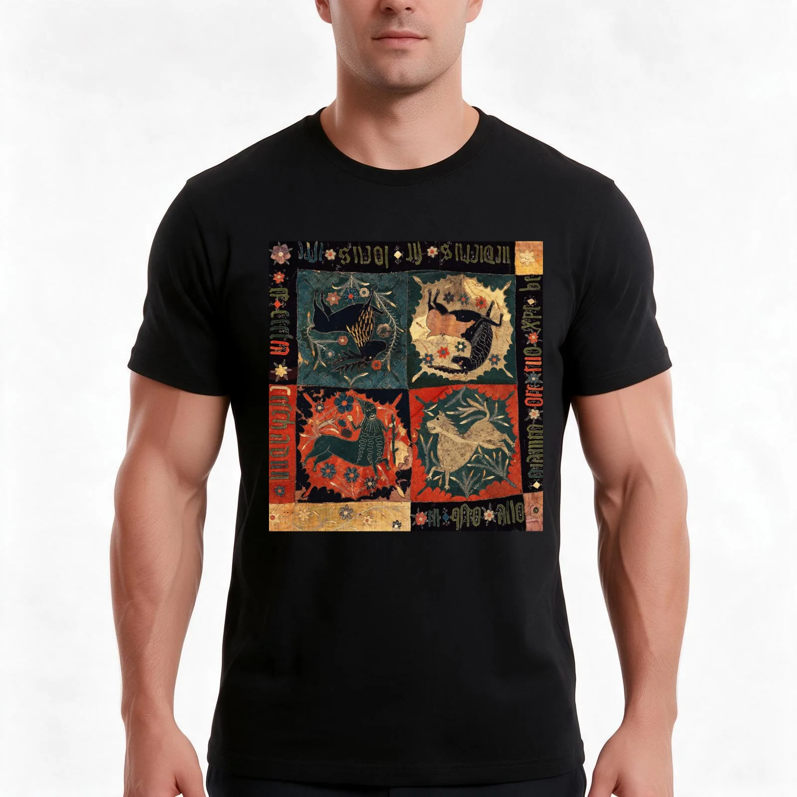 MEDIEVAL BESTIARY DEER UNICORN,CENTAUR AND LION Red Blue Antique Scandinavian Embroidery T-Shirt Summer Casual Cotton Tee