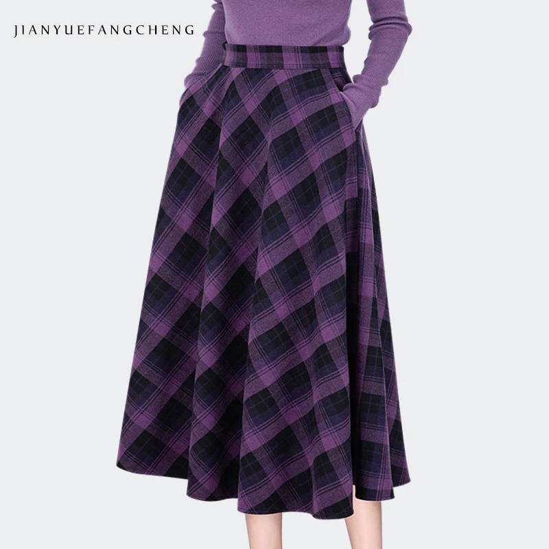 

2024 Fall Winter Women' Purple Checkered Woolen Skirt High Waist A-line Pleated Long Skirts With Pockets Warm Cozy Skirts