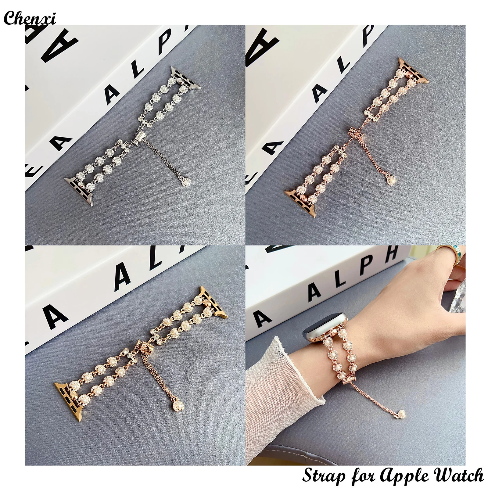 

Diamond strap for Apple watch band pearl bracelet chain for iwatch987654321SE Ultra40 41 42 44 45 49mm women sweet pearl wrist