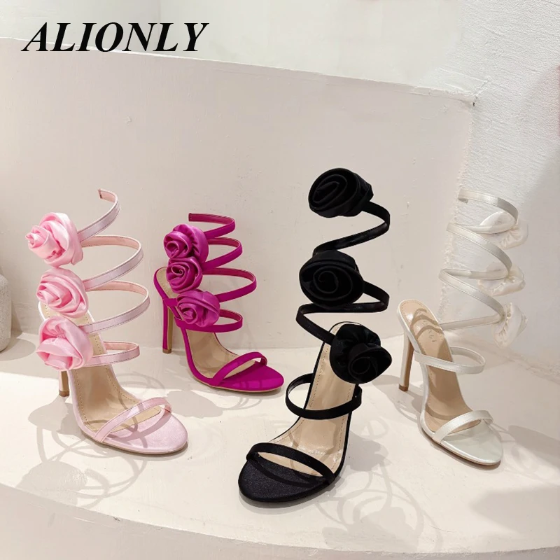 Alionly  2024 New Women's Shoes for Foreign Trade Flower Snake Shaped Round Heels Sexy Roman Sandals