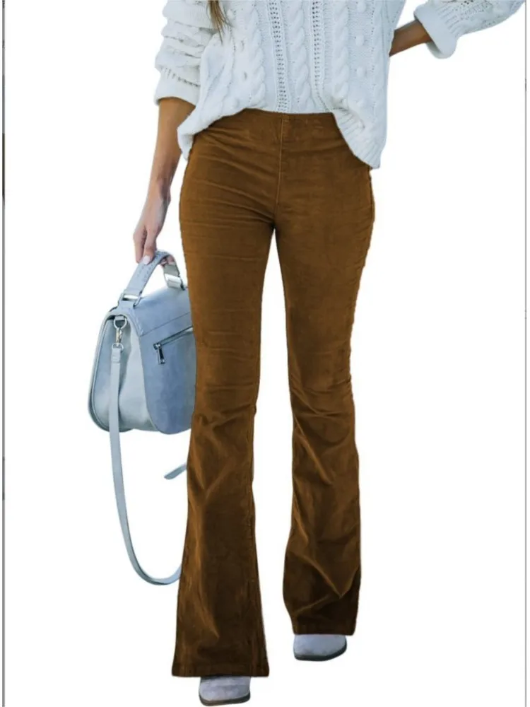 Spring Autumn Solid Color High Waist Slim Micro Flared Pants Women's Corduroy Elastic Waist Casual Long Pants Office Lady Pants