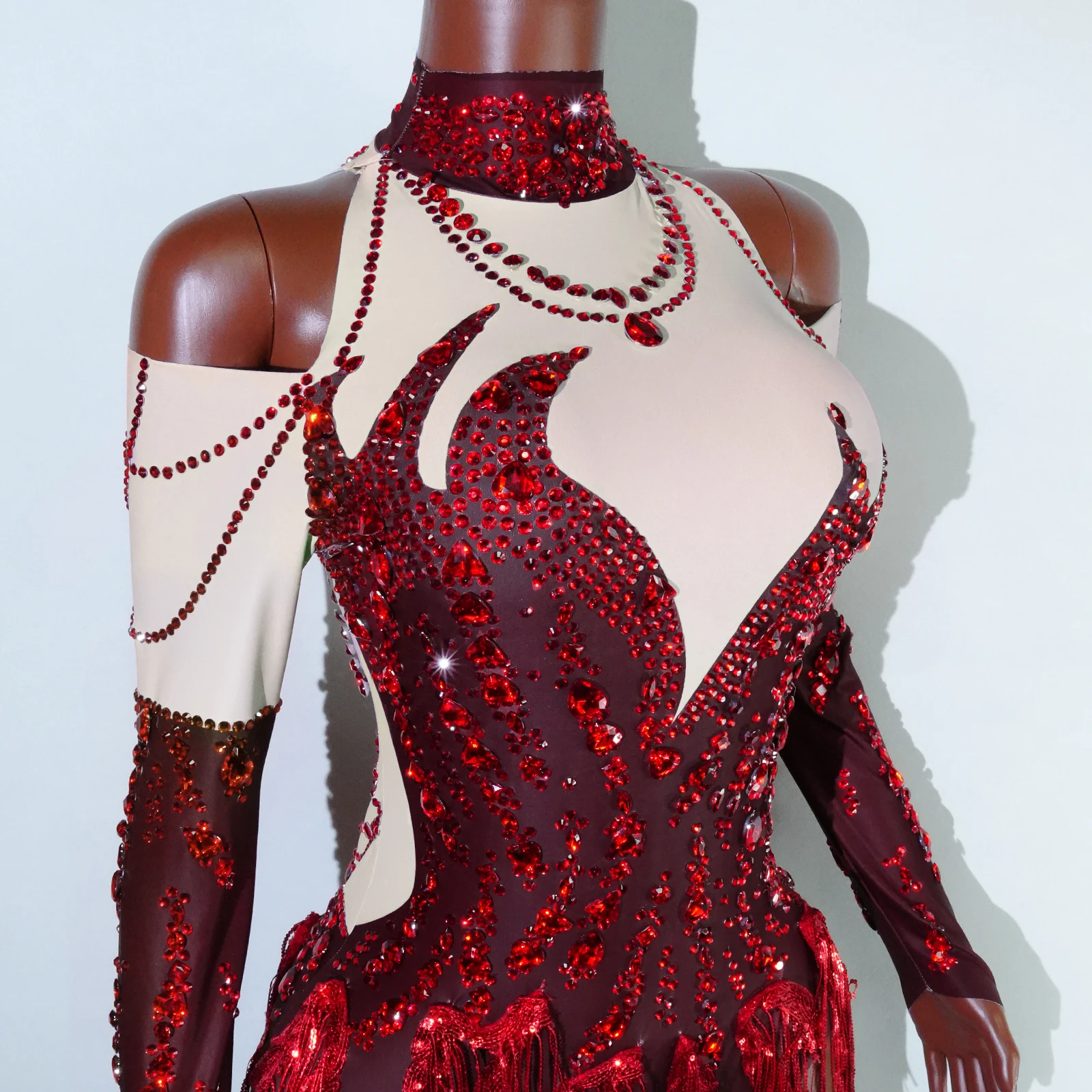 Abito da palcoscenico Abito da donna Sexy con strass Body Nappe rosse Costumi Drag Queen Pole Dance Nightclub Party Performace Wear