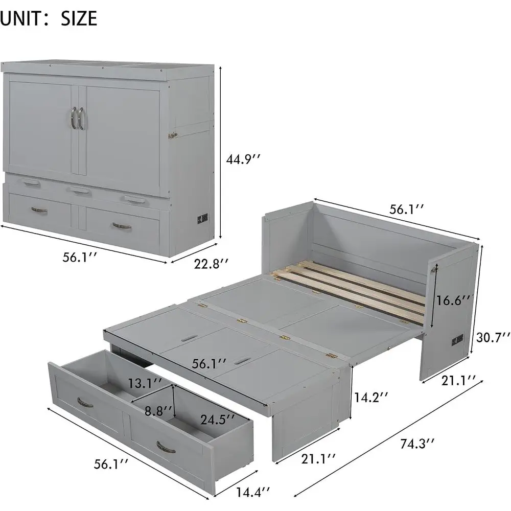 Full Size Murphy Bed Wall Bed, Chest Cube Cabinet Bed with USB Charging Station and Large Storage for Home Office - Gray view 2