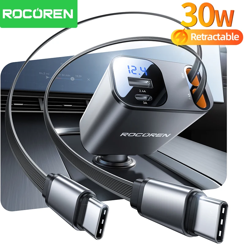 Rocoren 4-in-1 einziehbares Autoladegerät PD30W USB Typ C Autoladegerät mit schnellem Ladekabel, digitaler Anzeige und Adapter