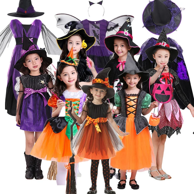 

Children Halloween Cosplay Vampire Witch Dress Hat Costume Suit Girls Cosplay Carnival Party Princess Fancy Dress Up Clothes