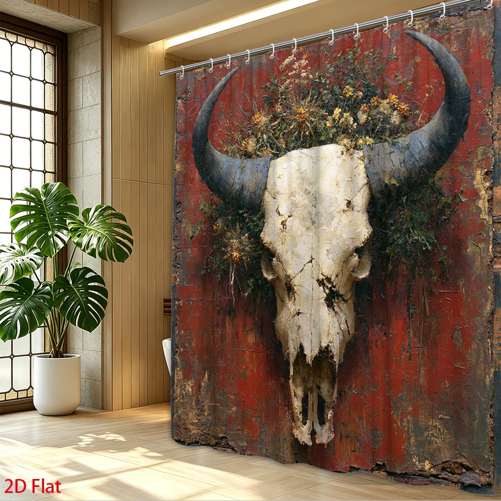 Dramatic Gothic Bull Skull Shower Curtain Steer Horn Bathroom Wall Decor Waterproof Rustic Art Print 180x180cm