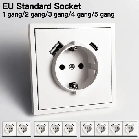 Schuko Priz EU Standardı, 16A 250V USB Tip-C Girişli, 80×80mm Modern Duvara Monte Priz, Büyük PC Kartı