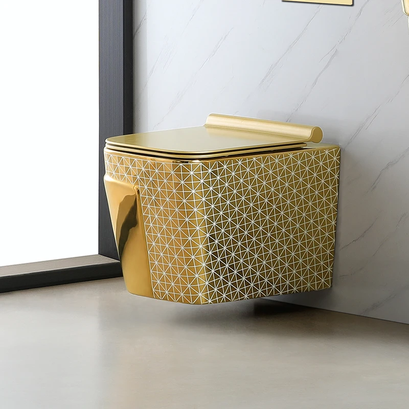 Square Ceramic  Water Closet Wall Mounted Bowl Wall Mounted Bathroom Hand Wash Basin Sink  Toilet Set Gold with - view 2