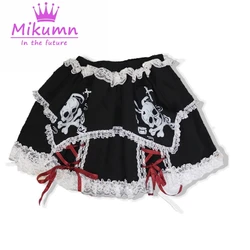 Japanese Harajuku Women Skirts Gothic Skull Print Black Lace Skirt Y2k Punk Lolita High Waist Cake Mini Skirt Chic Streetwear