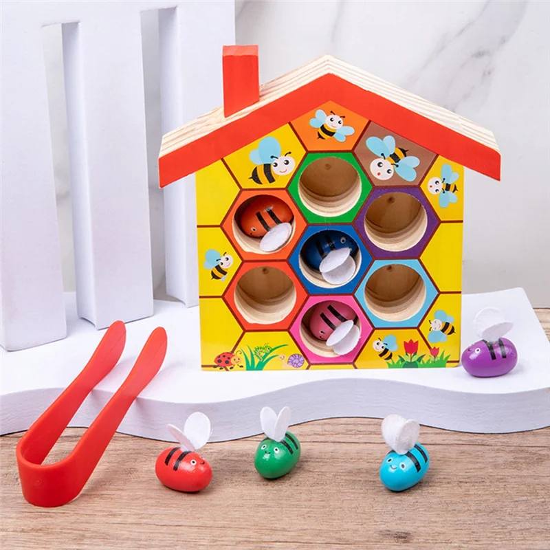 

AS96-Wooden Color Cognition Clip Beads Matching Clamp Bee House Trap Game Early Educational Gift For Children