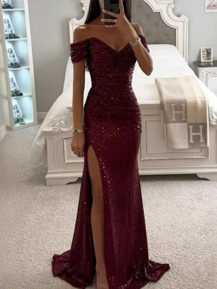 ชุดเดรสยาวผ่าข้างสำหรับงานปาร์ตี้ ผู้หญิง ดีไซน์เซ็กซี่ ประดับเลื่อม คอวี ไหล่เดี่ยว แฟชั่นหรูหรา สำหรับงานพรอม งานราตรี ชุดราตรีผู้หญิง
