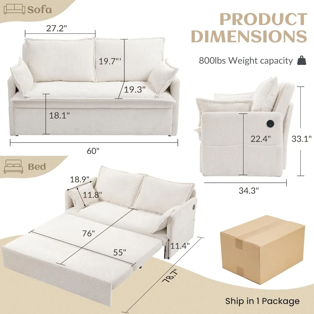 Трансформируемый диван-кровать, компактный вельветовый двухместный диван с зарядкой через USB, шезлонг для комфортной релаксации