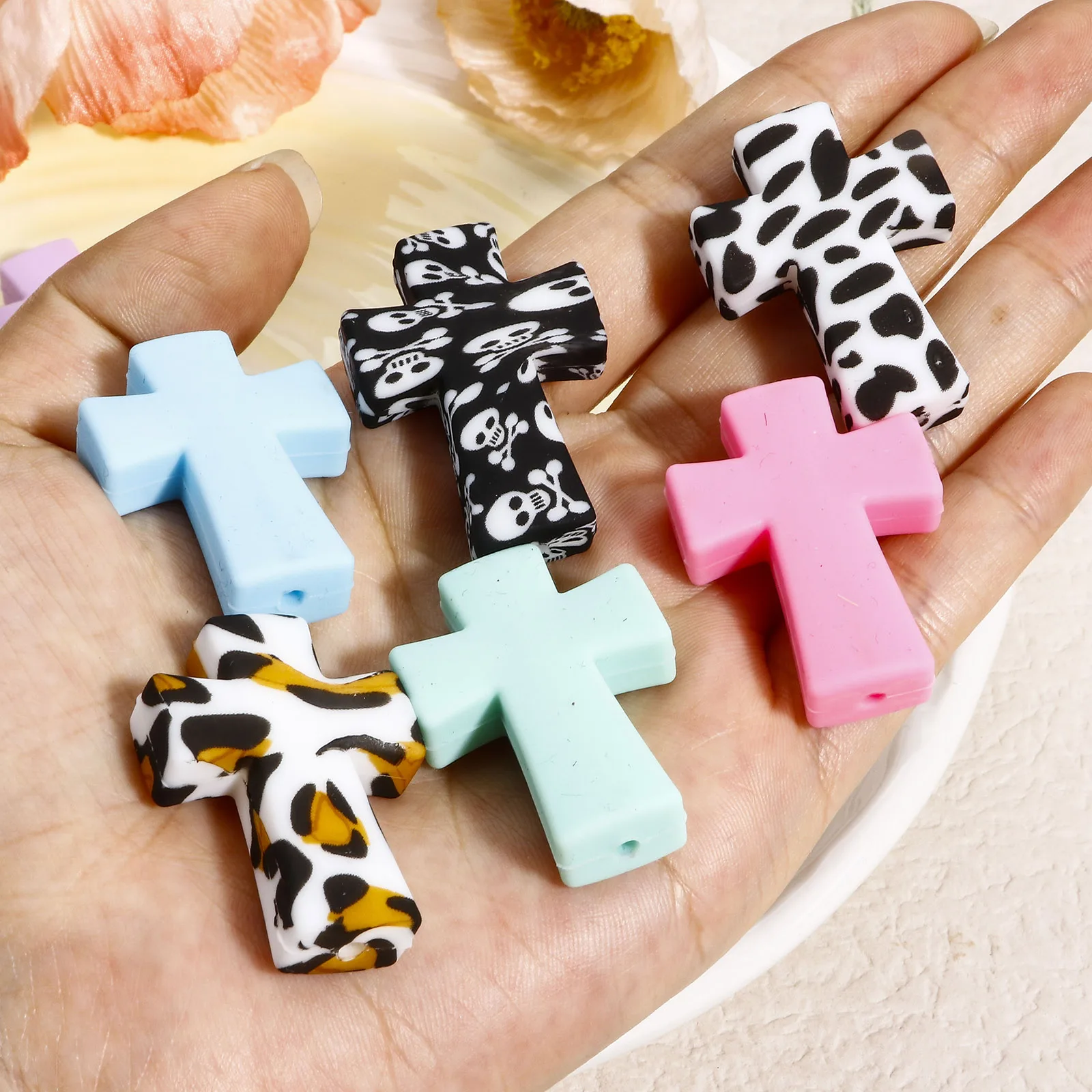 5 Piece Silicone Cross Religious Beads For DIY Charm Jewelry Making Findings Multicolor Beads Accessories About 3.5cm x 2.5cm