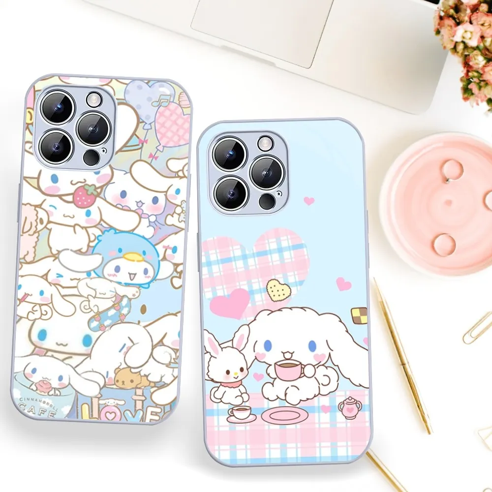 MINISO Sanrio Cinnamoroll Cute Phone Case For iPhone 11 12 13 14 Mini Pro XS Max X S Plus XR Electroplated Painted Glass Shell