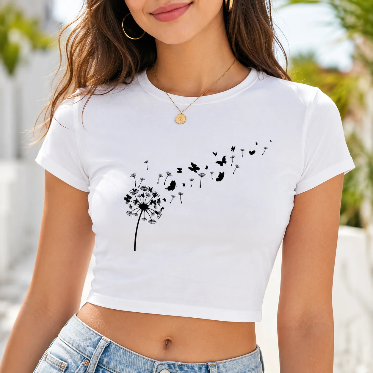 T Shirt Tight Fit - Insects Plants Print Crop Tops Female