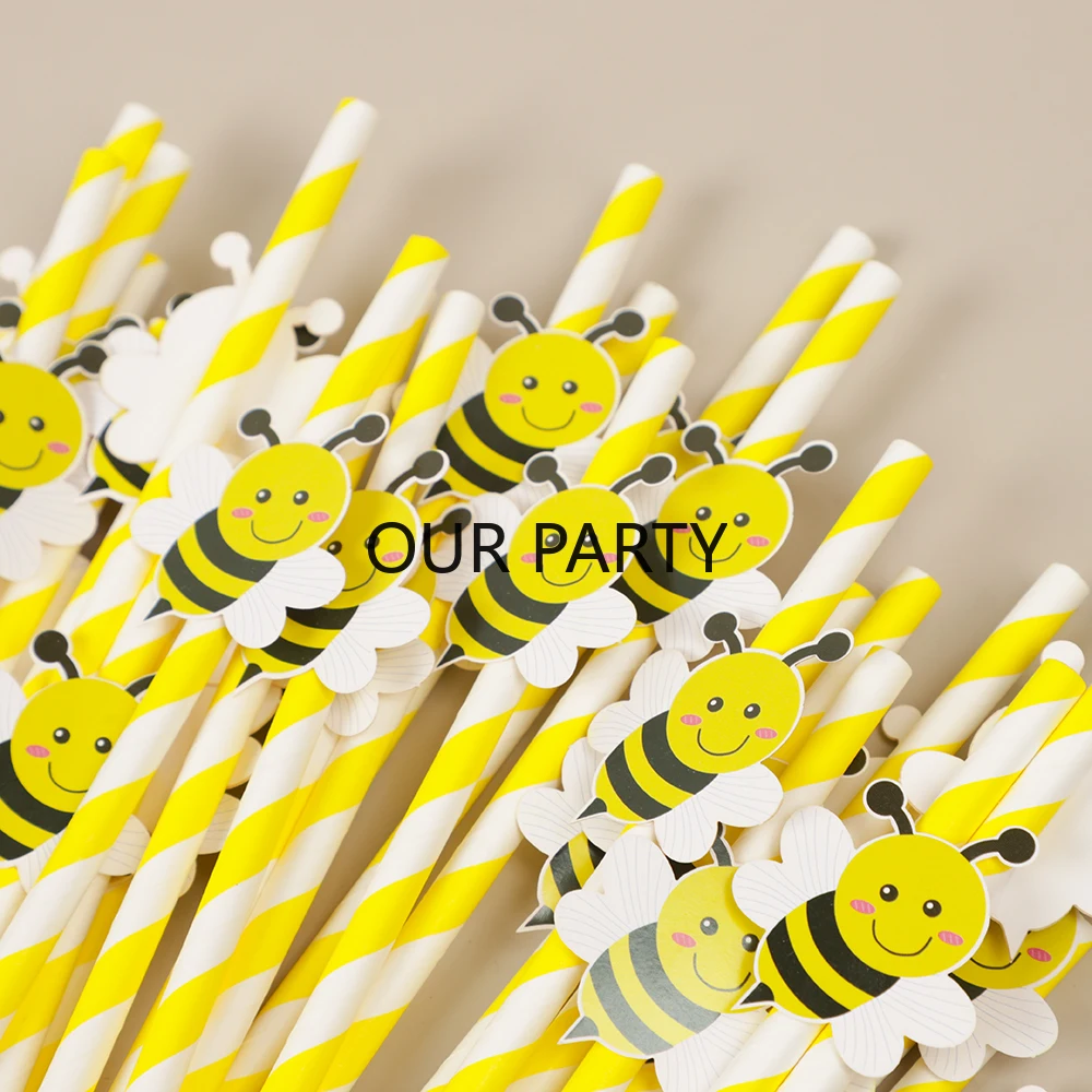 30Pcs Cartoon Biene Thema Papier Strohhalme Bar Trinkhalm Einweg Geschirr für Kinder Geburtstag Baby Dusche Hochzeit Party Decor – Detail 4