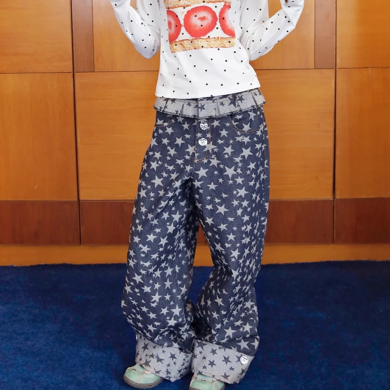 التصميم الأصلي ستار الجاكار لعوب المرأة الدنيم بنطال ذو قصة أرجل واسعة اليابانية الجديدة فضفاضة التخسيس تنوعا سراويل طويلة السيدات #6