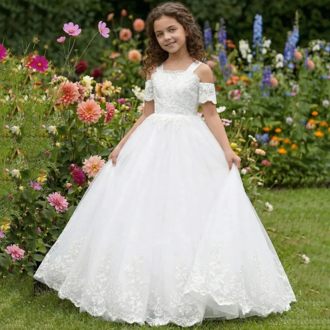 Customized Flower Girl Dress White Tulle Lace Floral Appliques For Wedding Birthday Prom Party Banquet Holy Communion Ball Gown