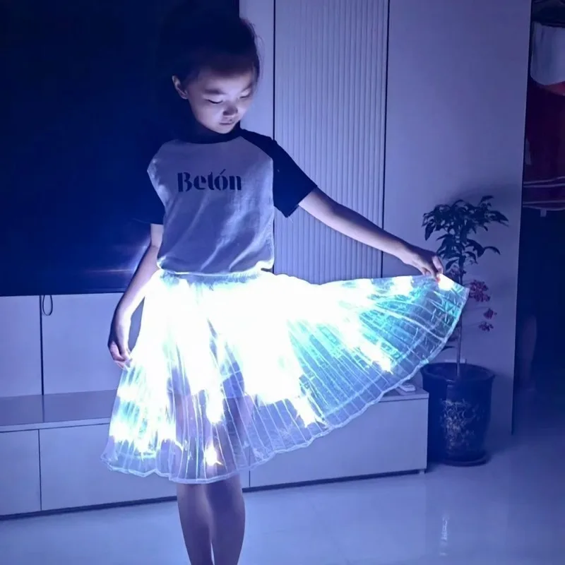 White LED Light Up Skirt Stage Performance Pleated Maxi Circle Skirt Middle Eastern Dance Costume Glowing Full Swing Apparel