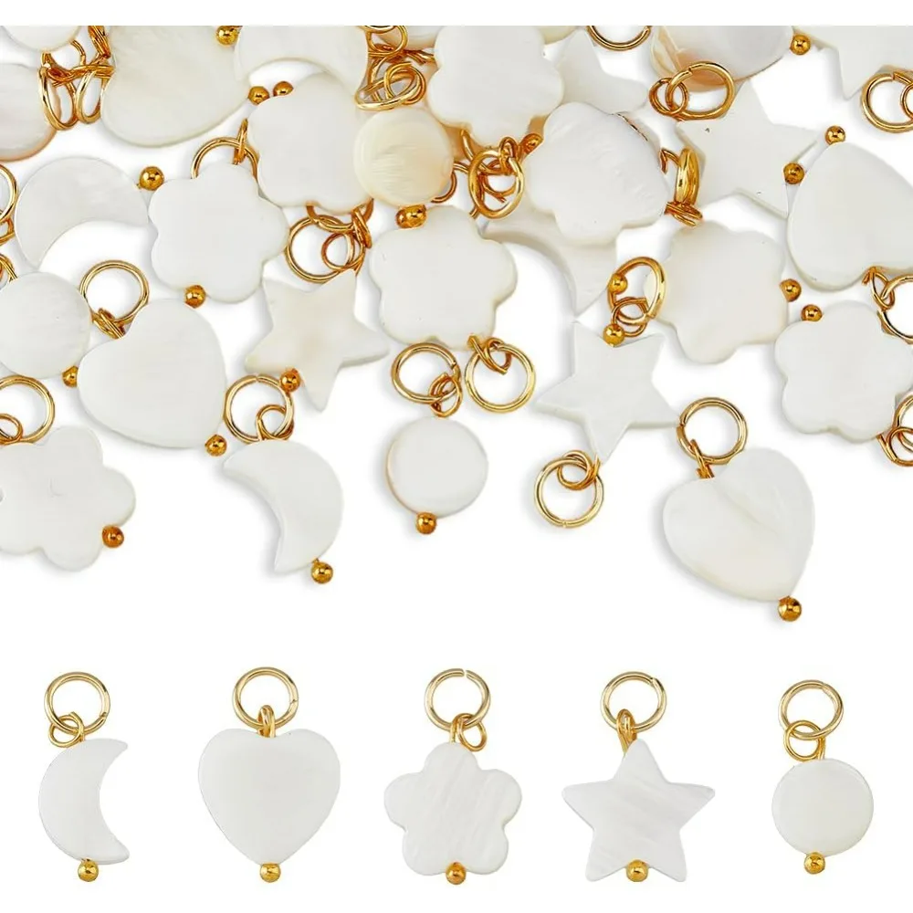 40Pcs 5 Styles Natural Freshwater Shell Charms Moon Star Heart Pendants with Golden Tone Jump Ring White Shell Charms