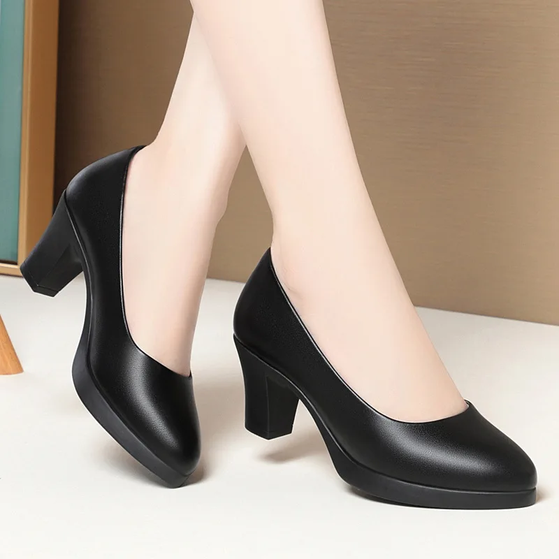 6.5cm Fashion Comfortable Shallow Mouth Soft Leather Shoes Women Pumps 2024 Fall Block High Heels Shoes for Formal Office Mom