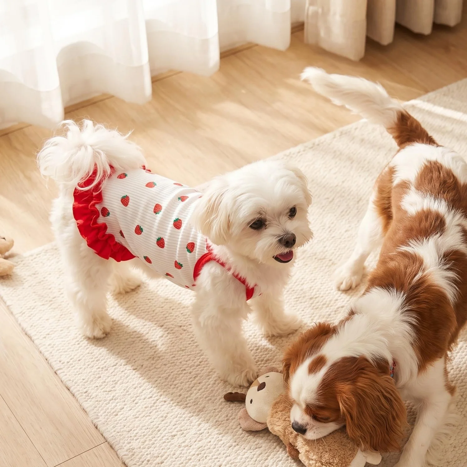 Cute Strawberry Print Pet Vest Summer Breathable Dog Suspender Sling with Red Ruffle Hem Soft Elastic Small Dog Cat Clothes view 2