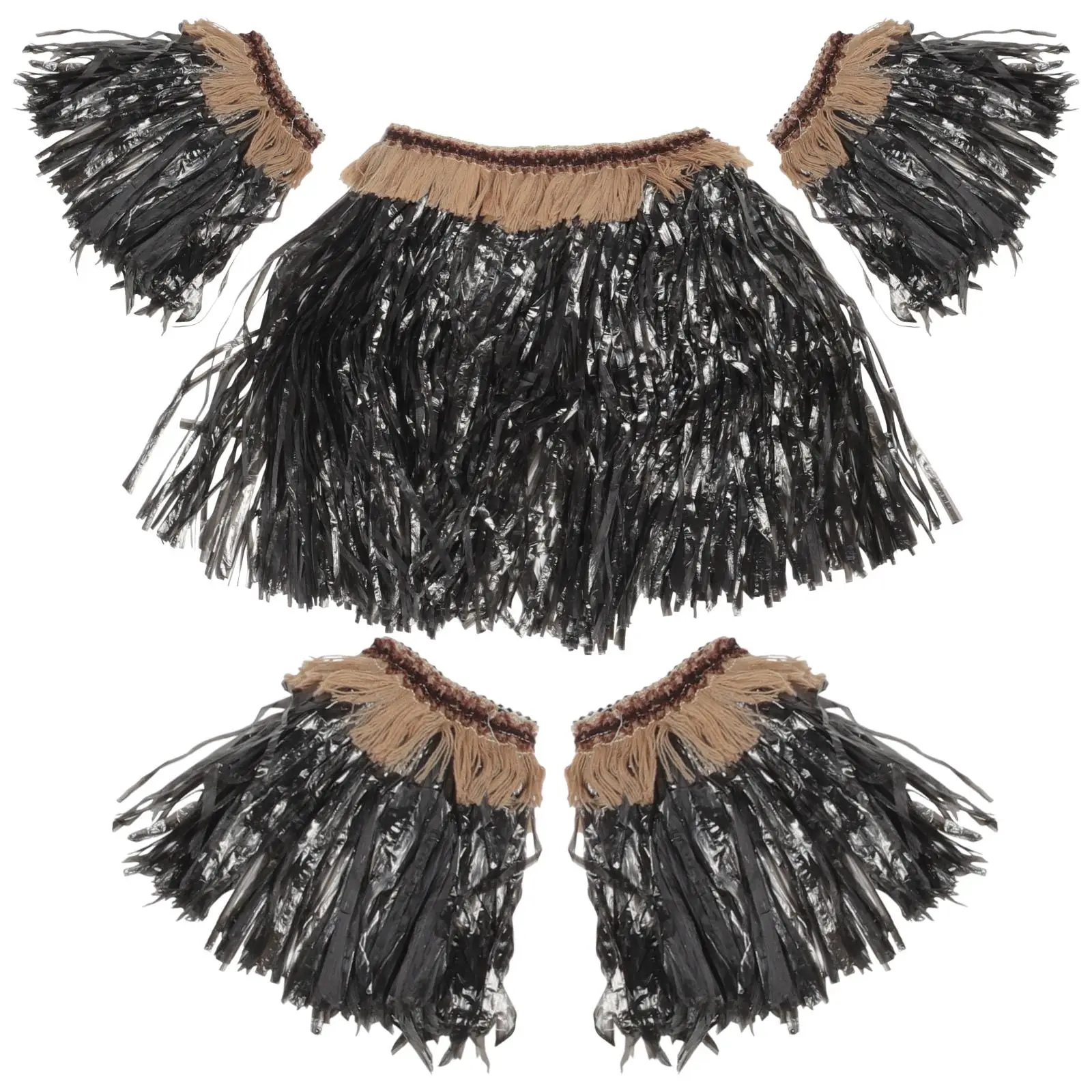 

5 Pcs Skirt Set Tribal Design Elastic Waistband Luau Beach Party Accessories Women Adult Black Grass Skirt Set Color
