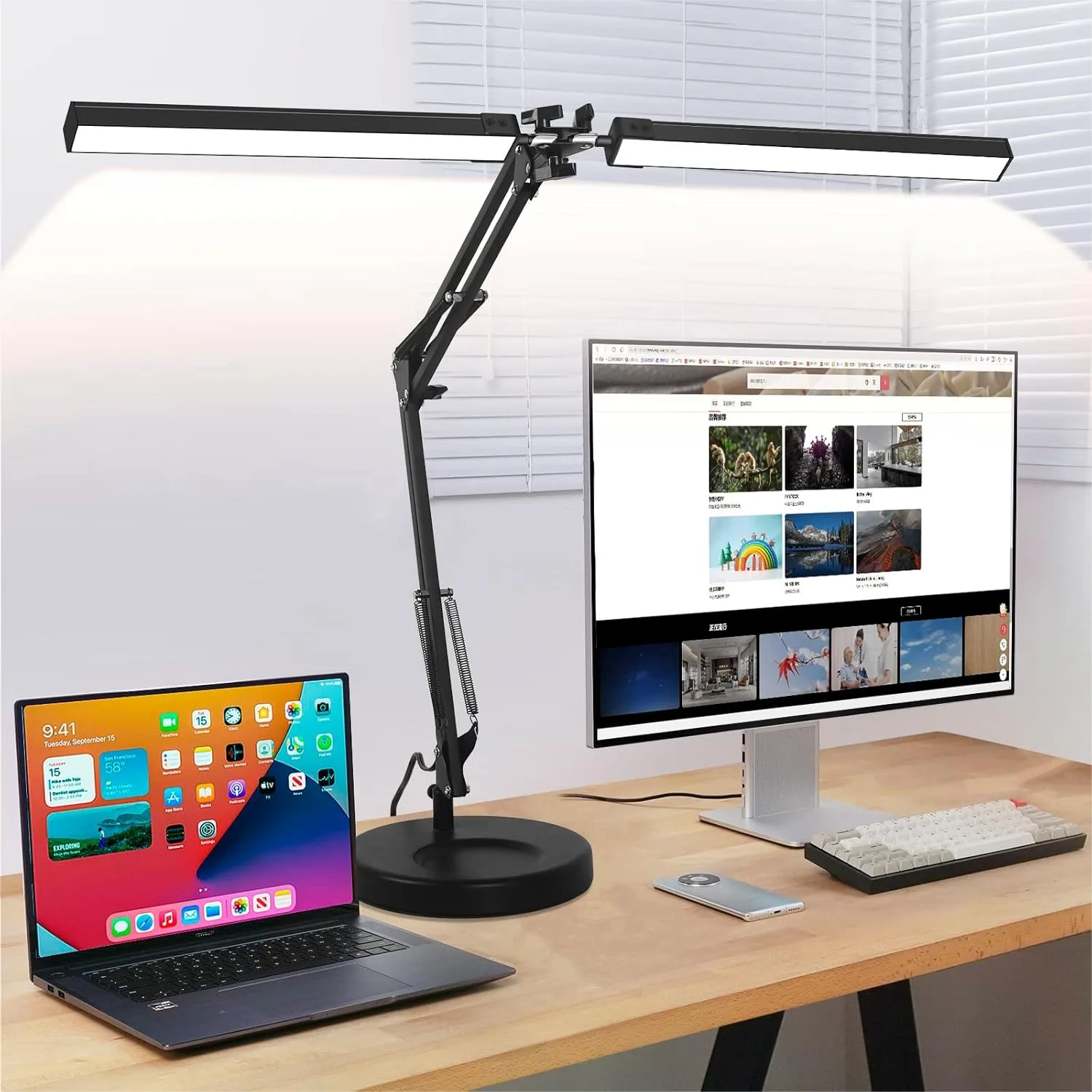 

2-in-1 LED Desk Lamp, 24W Brightest Table Lamp with Clamp, Flexible Swing Arm, 3 Color Modes Stepless Dimmable Double Head