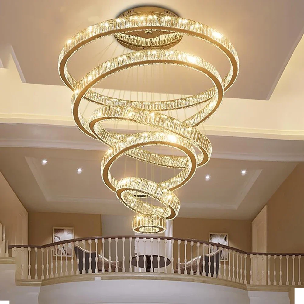 Luxury Crystal Chandelier Large Staircase Rings Design Modern Led Pendant Lamp Long Villa Lobby Living Room Gold Hanging Light
