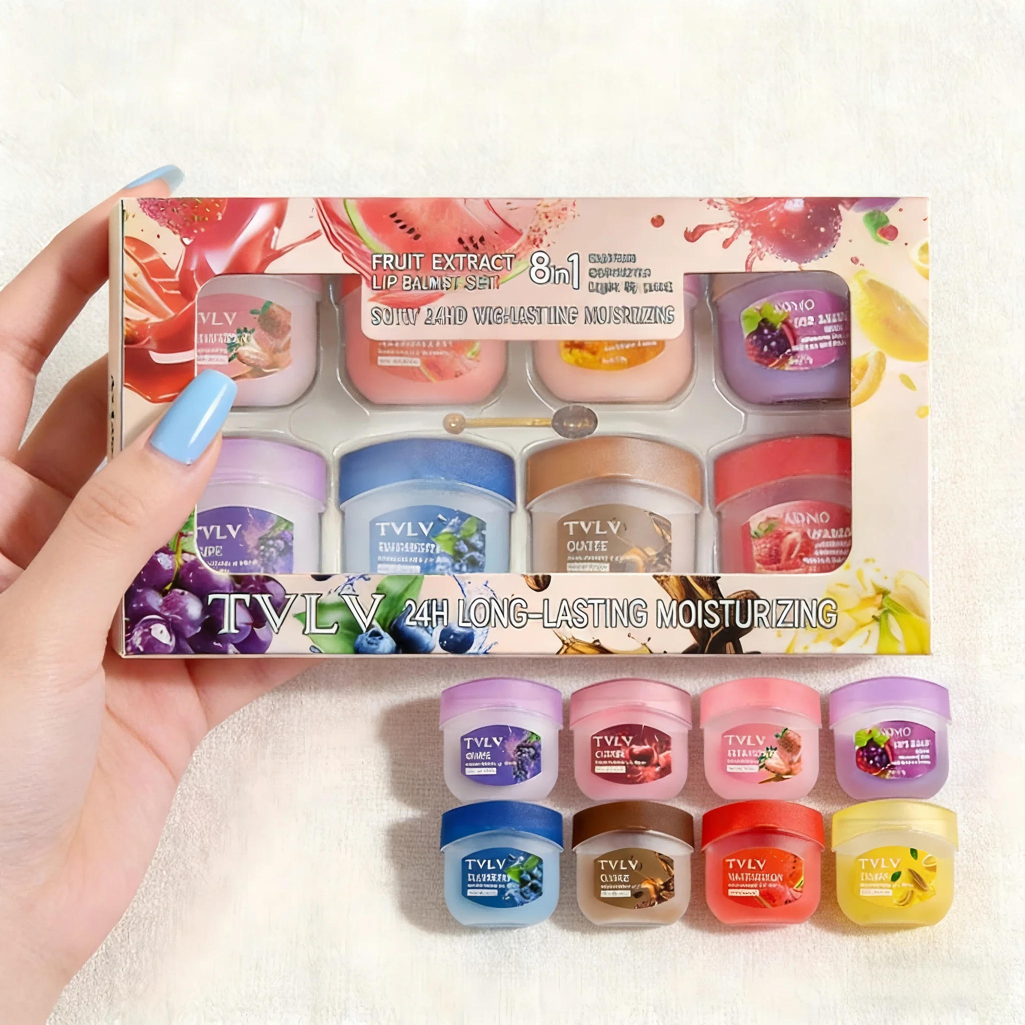 Juego de 8 Bálsamos Labiales con Aroma a Frutas, Bálsamo Labial Hidratante, Base de Maquillaje, Bálsamo Labial Humectante, Anti-Grietas, Cuidado de la Piel de los Labios