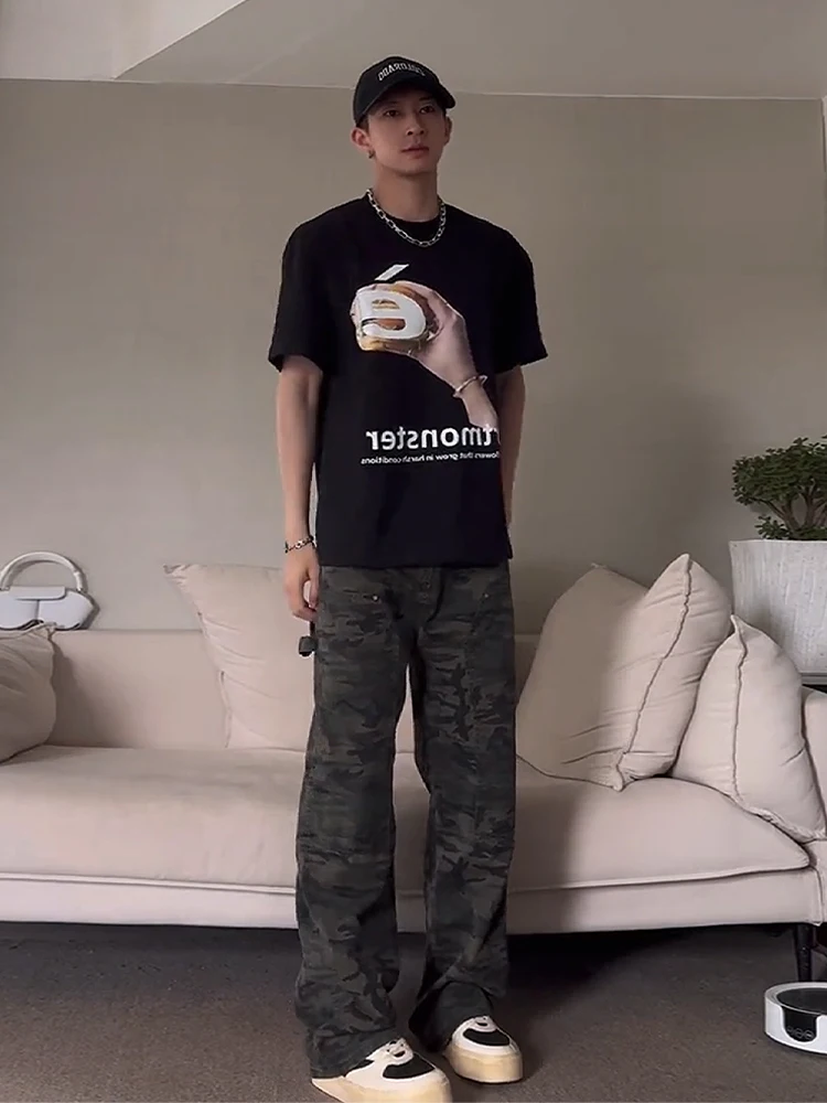 

Мужские летние тонкие джинсы в американском ретро-стиле с камуфляжным принтом, прямые рабочие брюки для молодежи, повседневные прямые штаны в уличном стиле