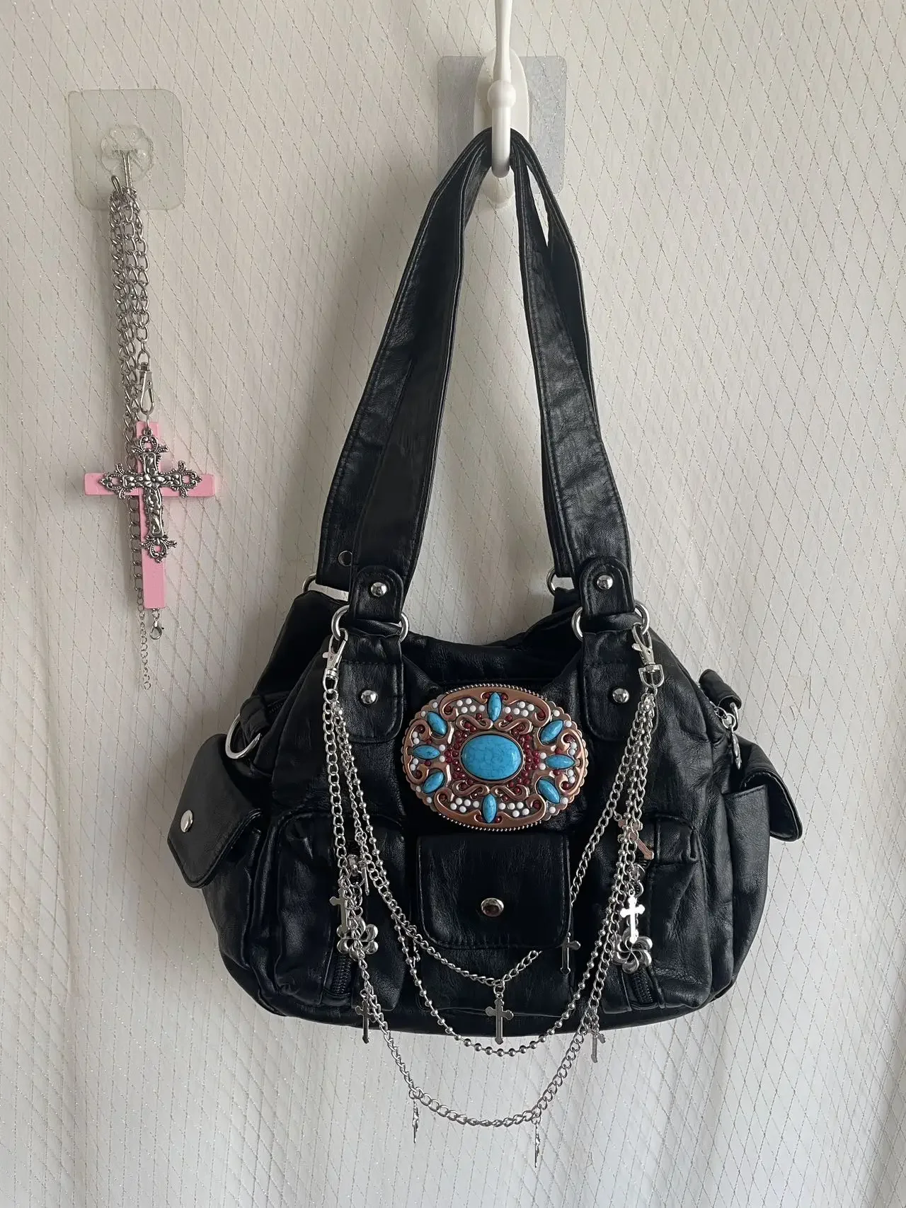 Black Faux Leather Gothic Cross Chain Tote Bag Y2K Grunge Handbag for Women Retro Western Turquoise Ornament Shoulder Hobo Bag