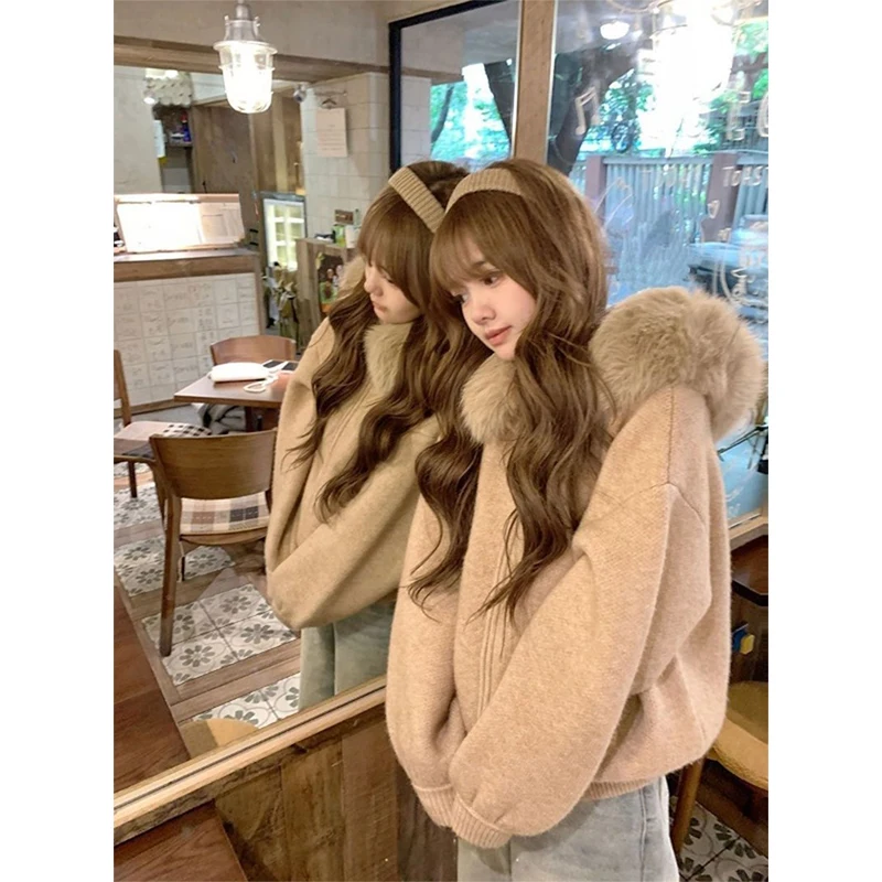 

Вязаный кардиган с капюшоном, женский модный лоскутный свитер из искусственного меха, верхняя одежда, корейский трикотаж на молнии, осенне-зимние повседневные джемперы