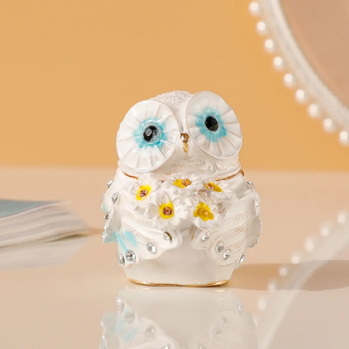 Cute Big Eyes Owl Holding Pink Bouquet Trinket Box with Hinged Classic Animal Ornaments Unique Gift for Family