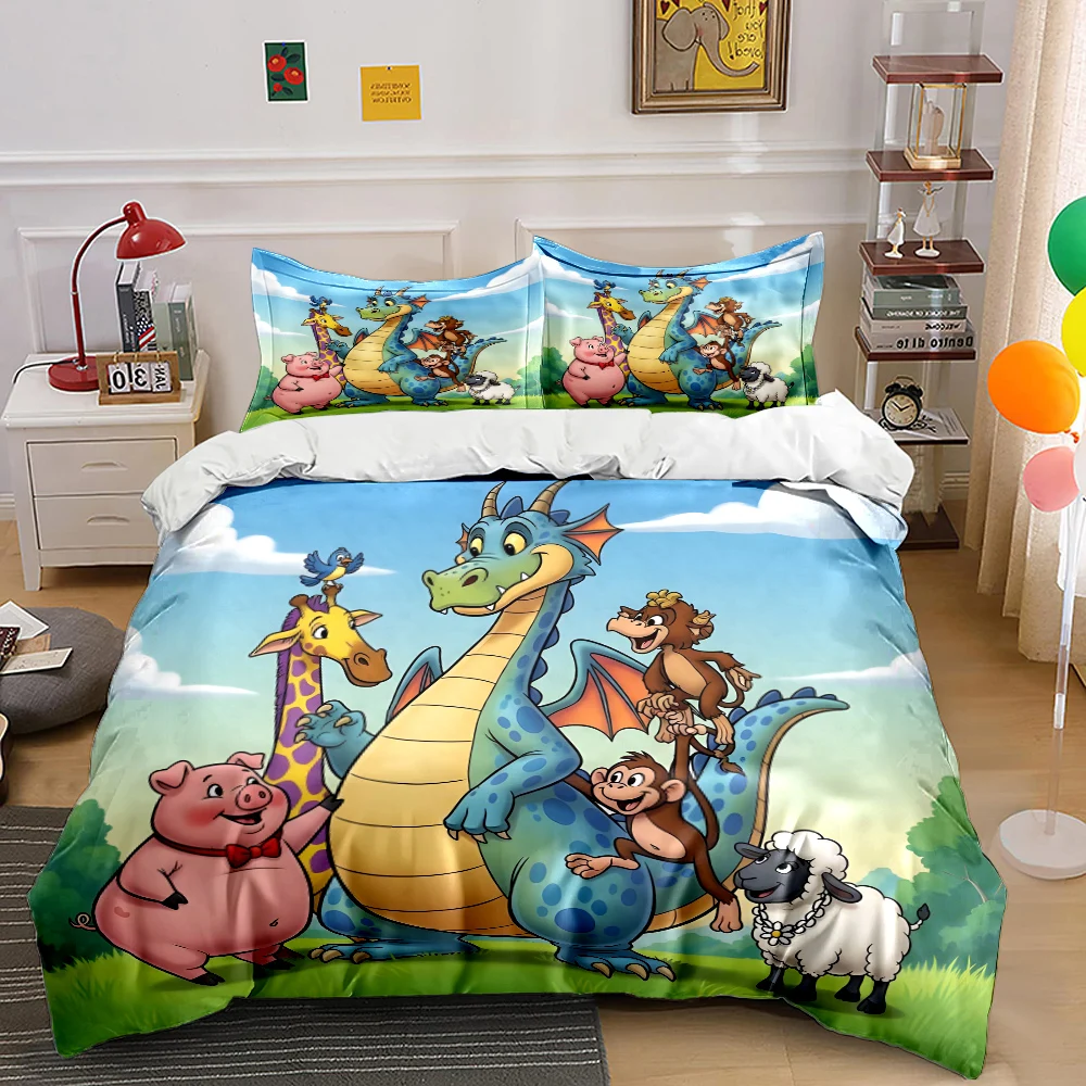 Dragon and animal friends gathered Pattern Duvet Cover Set Digital Print Colorful Polyester Bedding with Zipper Closur for gifts