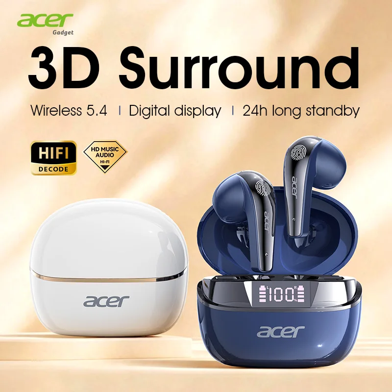 

Acer Ohr554 Wireless Bluetooth Earphones Semi-In-Ear Design 5.4 Chip 3D Surround Sound Stereo Call Smart Noise Reduction Digital Display Charging Box Ultra-Long Battery Life Type-C Fast Charging